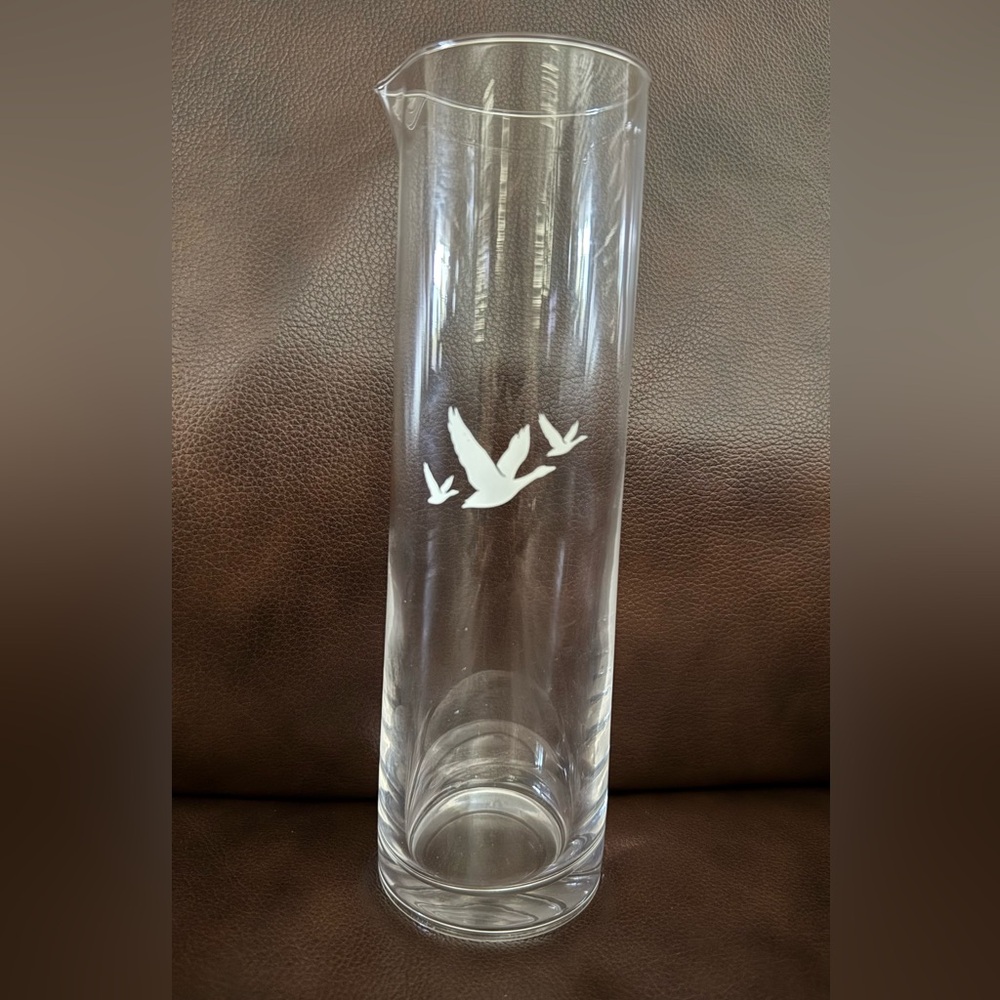 Vintage Grey Goose Glass Stirring Pitcher Carafe White Geese Logo 11" Tall Clear